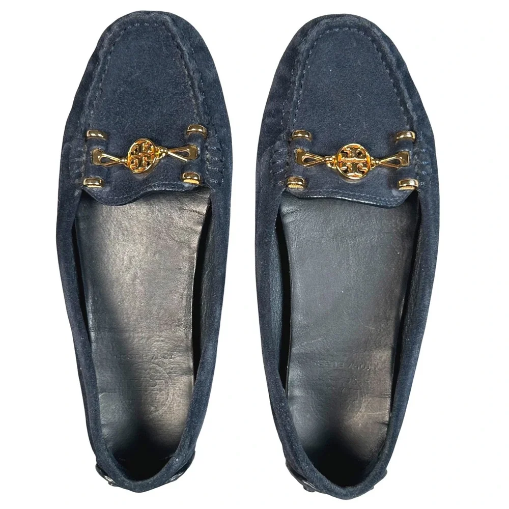 Tory Burch Driving Loafers Women's 7M Navy Suede Gold Logo Moccasin Flats